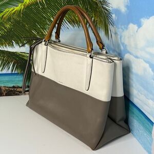 Coach 32502 Borough Bag in Two-Tone Leather Gray White Handbag Purse Briefcase